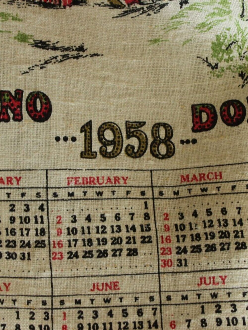 Vintage 1950s Calendar Towel, 1958 Stevens Linen Country Home Print with Hanging - Picture 9 of 14